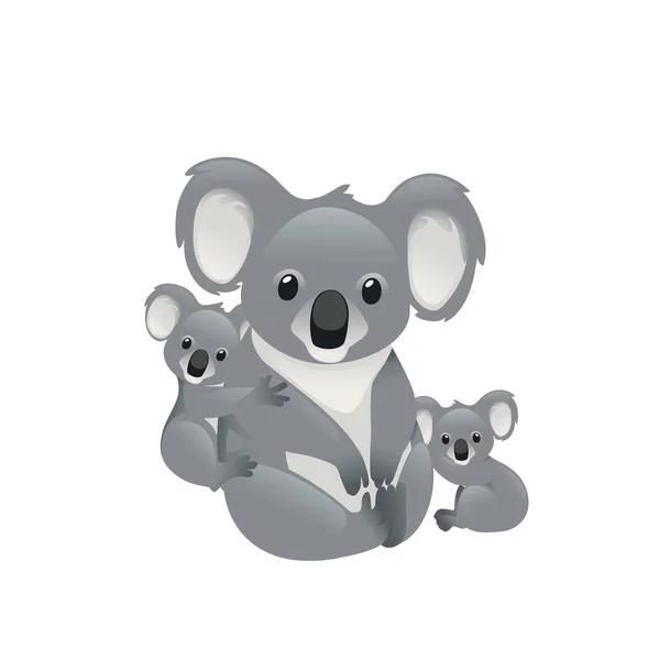 Bonito Koala Família Mãe Com Crianças Sentar Chão Desenho Animado — Vetor de Stock