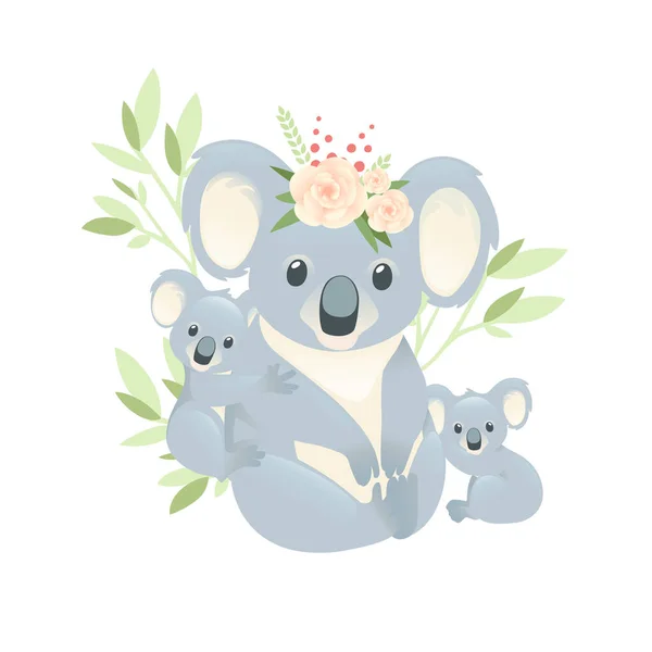 Roztomilý Koala Rodina Matka Dětmi Sedět Zemi Kreslený Zvířecí Design — Stockový vektor