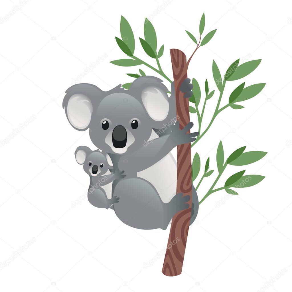 Cute koala family mother with children sit on the tree cartoon animal design flat vector illustration isolated on white background.