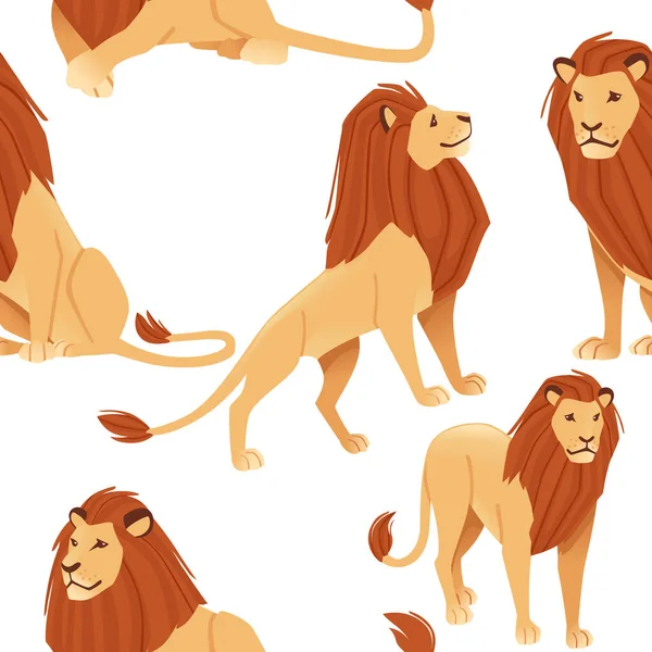 男性の誇り高い強力なかわいいライオンのキャラクター漫画スタイルの動物のデザインフラットベクトルイラストのシームレスなパターン白の背景 — ストックベクタ