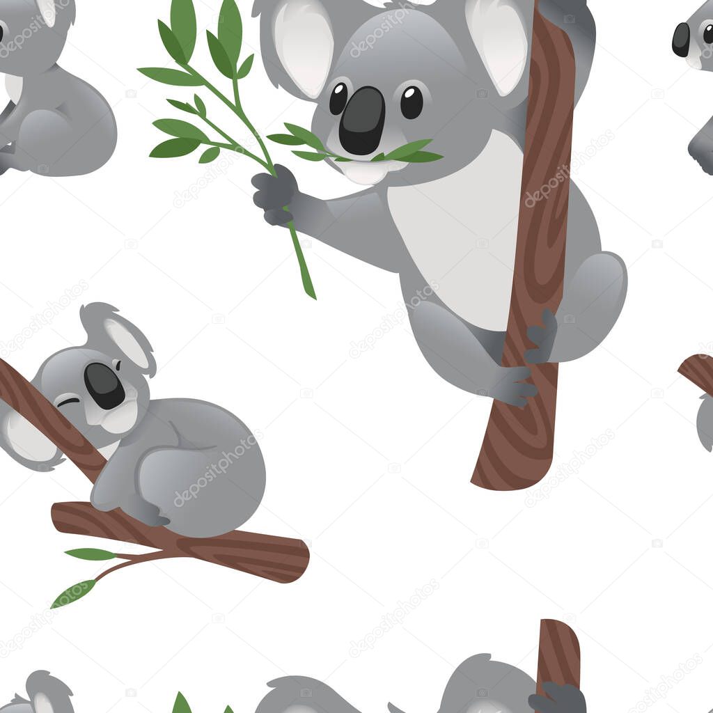 Seamless pattern of cute grey koala bear in different poses eating sleeping leaves cartoon animal design flat vector illustration on white background.