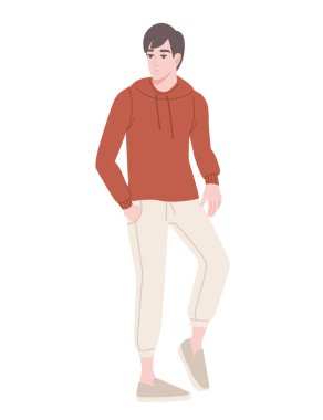 Moda kıyafetleri içindeki yakışıklı genç adam beyaz arka planda izole edilmiş erkek çizgi film karakteri tasarımı düz vektör çizimi..