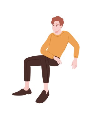 Oturan gündelik giysiler içindeki yakışıklı genç adam beyaz arka planda izole edilmiş, modaya uygun erkek çizgi film karakteri tasarımı düz vektör çizimi yapıyor..