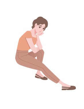 Oturan tatlı genç kız günlük kıyafetler giyiyor çizgi film karakteri kadın model düz vektör çizimi beyaz arka planda izole edilmiş.