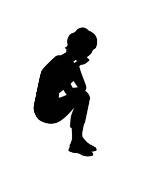 Oturan siyah siluet genç kız gündelik kıyafetler giyiyor çizgi film karakteri kadın model düz vektör çizimi beyaz arka planda izole edilmiş.