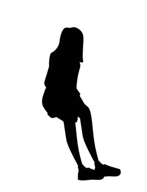 Oturan siyah siluet genç kız gündelik kıyafetler giyiyor çizgi film karakteri kadın model düz vektör çizimi beyaz arka planda izole edilmiş.