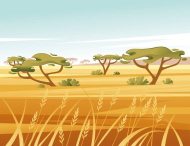 Açık gökyüzü sarı çimen ve yeşil ağaç düz vektör çizim çizim tarzıyla manzara savanası arka planı.