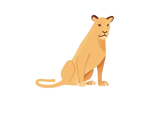 大人の雌ライオンは地面に座っていますアフリカの野生捕食猫女性ライオン漫画かわいい動物のデザインフラットベクトルイラスト白の背景に隔離された — ストックベクタ