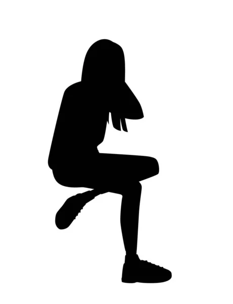 Silhouette Noire Jeune Fille Pose Assise Portant Des Vêtements Décontractés — Image vectorielle