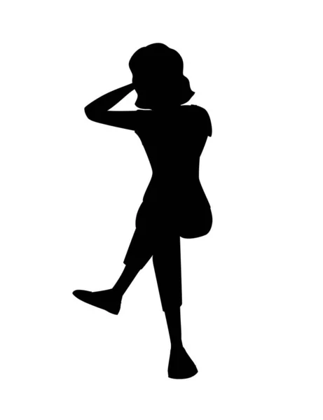 黒シルエット若いです女の子で座ってポーズ身に着けているカジュアル服漫画のキャラクターファッション女性モデルデザインフラットベクトルイラスト隔離された白い背景 — ストックベクタ