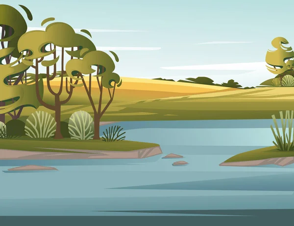 Paysage Campagne Lac Avec Herbe Verte Arbres Dessin Animé Illustration — Image vectorielle