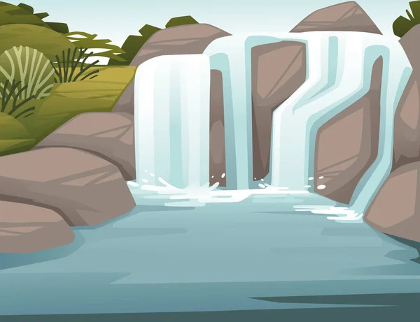 Landschap Van Het Platteland Waterval Rotsen Cartoon Ontwerp Platte Vector — Stockvector