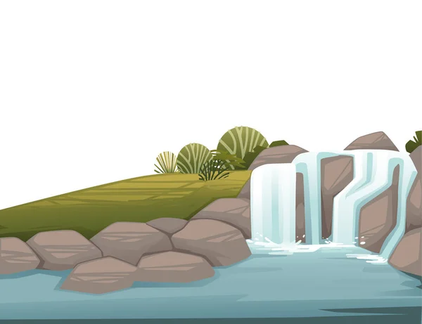 Landschap Van Het Platteland Waterval Rotsen Cartoon Ontwerp Platte Vector — Stockvector
