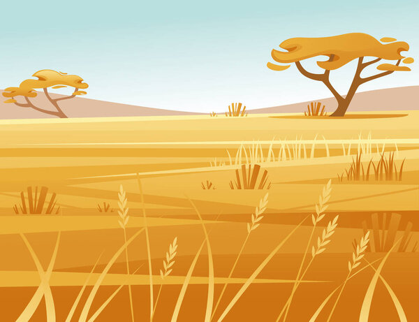 Landscape savanna background with clear sky yellow grass and tree flat vector illustration cartoon style.