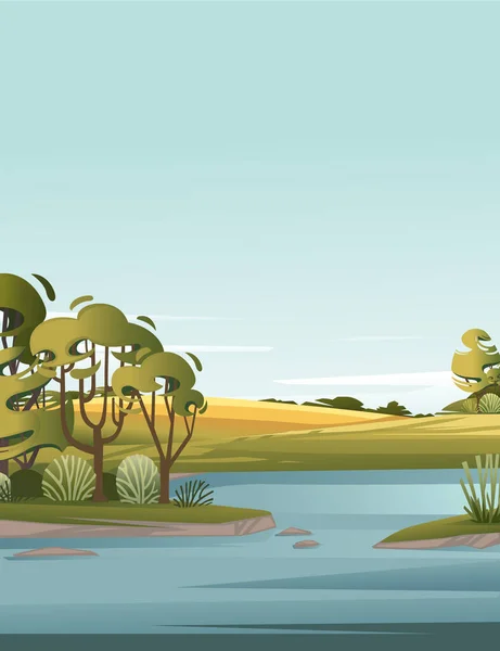 Τοπίο Της Λίμνης Υπαίθρου Πράσινο Γρασίδι Και Δέντρα Σχέδιο Κινουμένων — Διανυσματικό Αρχείο