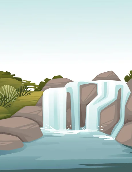 Пейзаж Сельской Местности Водопад Скалах Мультфильм Дизайн Плоский Вектор Иллюстрации — стоковый вектор