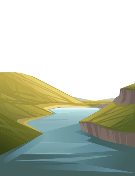 Пейзаж Сельской Местности Большая Река Между Холмами Зеленой Травой Дизайн — стоковый вектор
