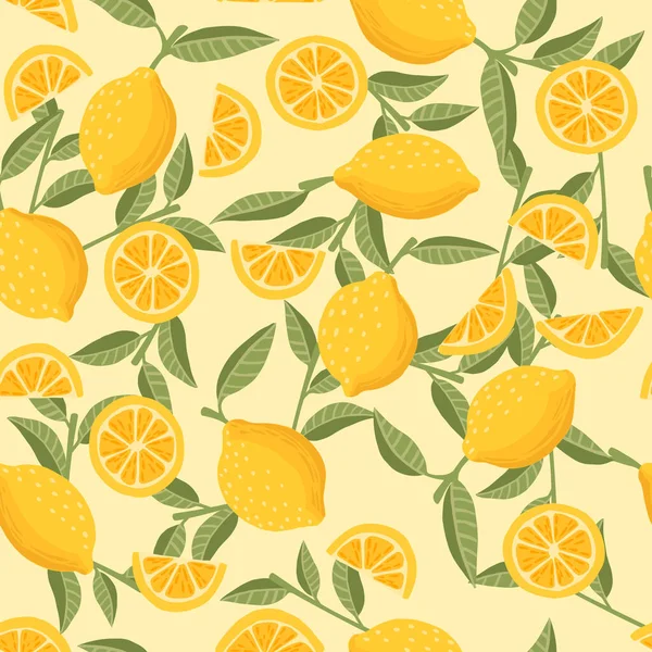 Бесшовный Рисунок Лимонных Цитрусовых Желтых Фруктов Полностью Наполовину Нарезанный Зелеными — стоковый вектор