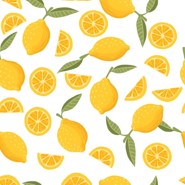 Бесшовный Рисунок Лимонных Цитрусовых Желтых Фруктов Целыми Половинками Нарезанные Зелеными — стоковый вектор