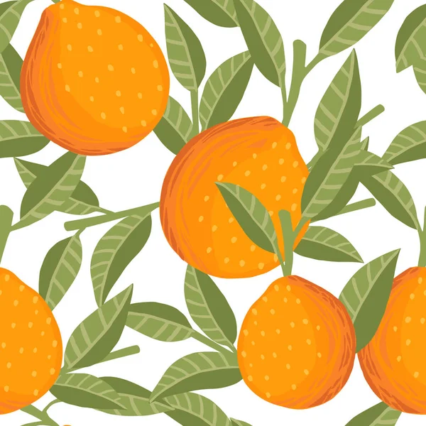 Padrão Sem Costura Citrinos Laranja Inteira Com Folhas Verdes Ilustração — Vetor de Stock