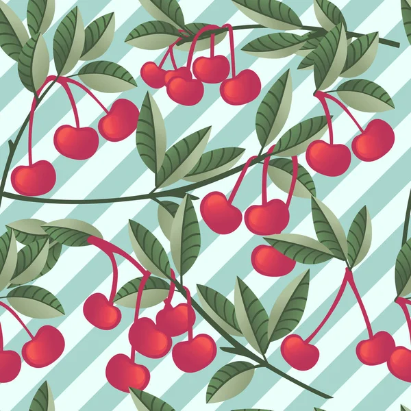 緑の葉を持つ木の枝に赤いチェリーベリーのシームレスなパターン青の縞模様の背景にフラットベクトルイラスト — ストックベクタ