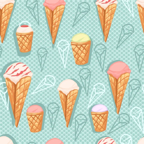 Seamless Pattern Ice Cream Flavors Waffle Cones Different Color Flat — Stock Vector