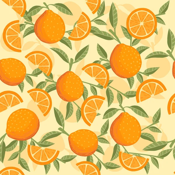 オレンジ柑橘系の黄色の果実全体の半分のシームレスなパターンとベージュの背景に緑の葉フラットベクトルイラストでスライス — ストックベクタ