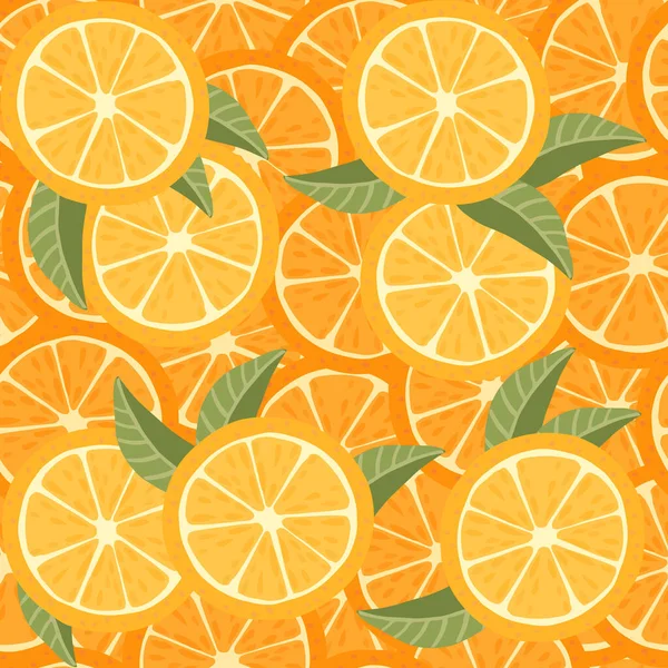 オレンジ柑橘系の果物の半分のシームレスなパターンと緑の葉フラットベクトルイラストでスライス — ストックベクタ