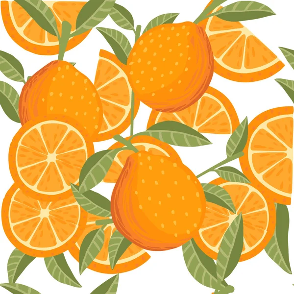 Varrat Nélküli Minta Narancs Citrussárga Gyümölcs Egészben Felezett Szeletelt Zöld — Stock Vector