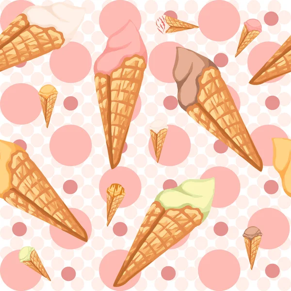 Seamless Pattern Ice Cream Flavors Waffle Cones Different Color Flat — Stock Vector