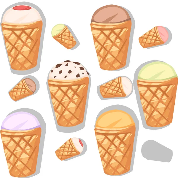 Бесшовный Узор Вкусов Мороженого Вафельных Конусах Разного Цвета Плоским Векторным — стоковый вектор
