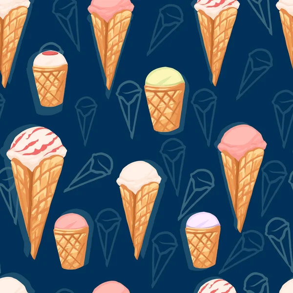 Seamless Pattern Ice Cream Flavors Waffle Cones Different Color Flat — Stock Vector