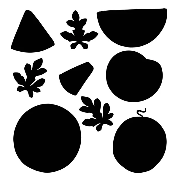 Schwarze Silhouette Set Von Wassermelone Ganze Und Mit Blättern Flache — Stockvektor