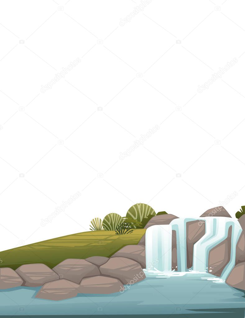 Landscape of countryside waterfall on rocks cartoon design flat vector illustration on white background vertical design.