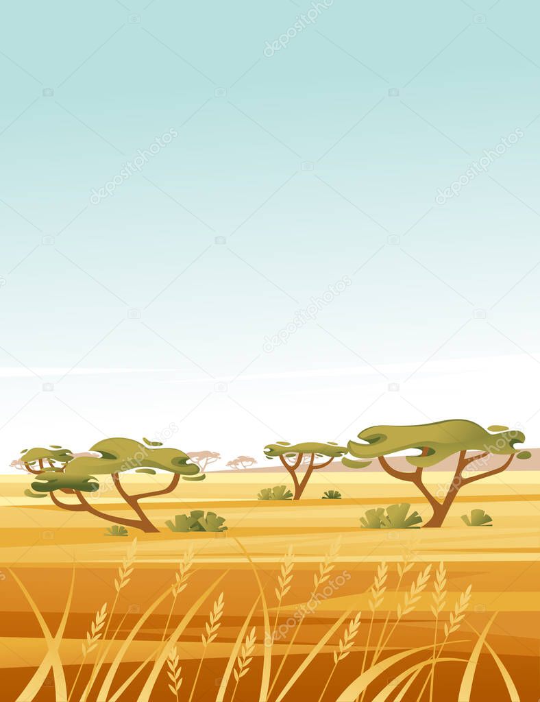 Landscape savanna background with clear sky yellow grass and green tree flat vector illustration cartoon style vertical design.