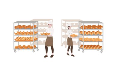 Fırın üreticisi erkek ve kadın aşçı fırın tepsisi ve ekmek tepsisi profesyonel çizgi film karakteri tasarımı düz vektör çizimi ile beyaz arka planda izole edilmiş.