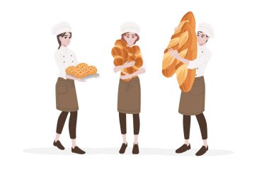Erkek ve kadın aşçı ellerinde büyük ekmek tutuyorlar profesyonel fırın çizgi film karakteri tasarımı düz vektör çizimi beyaz arka planda izole edilmiş.