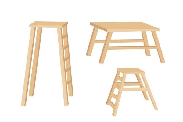 Set Aus Holztischen Und Leiter Für Bäckerei Mit Unterschiedlichen Höhen — Stockvektor