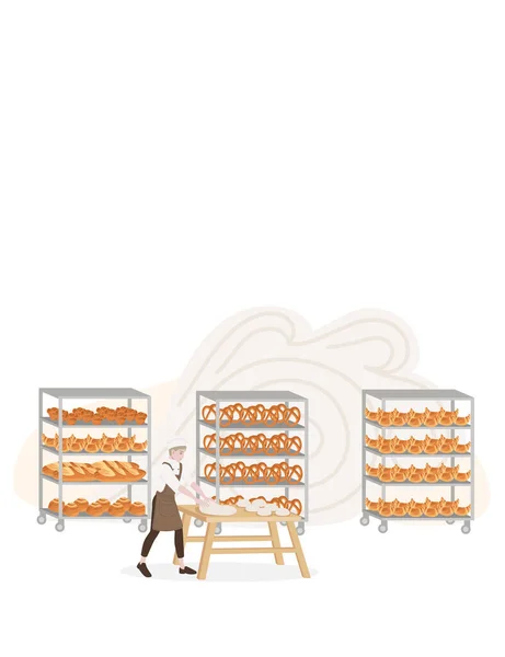 面包店制造商面包盘专业面包店卡通人物形象设计平面矢量插图白色背景线条风格图标 — 图库矢量图片