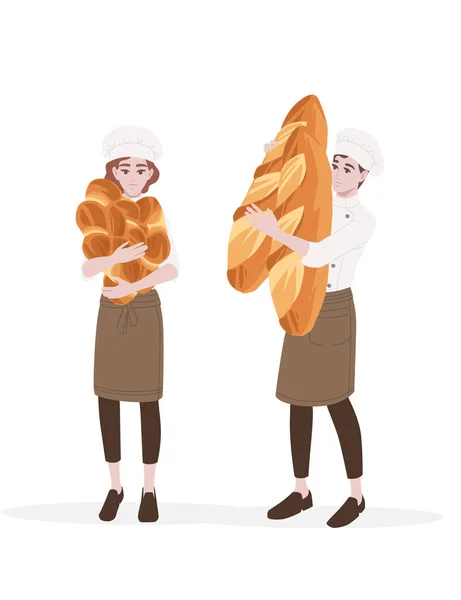 Чоловік Жінка Шеф Кухаря Готують Тримаючи Великий Хліб Руках Професійний — стоковий вектор