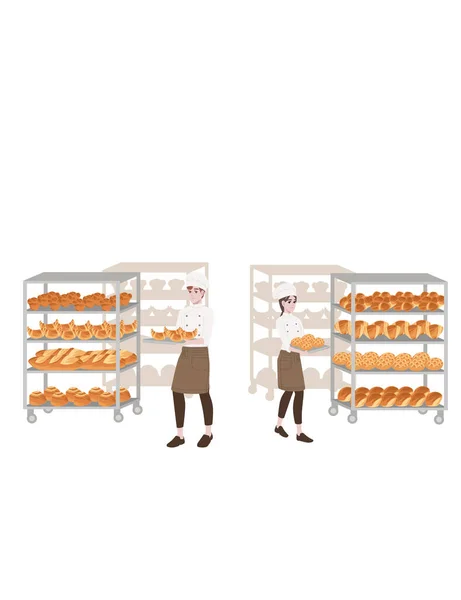 面包店制造商男女厨师与烘烤盘和面包盘专业面包店卡通人物形象设计平面矢量图解分离的白色背景 — 图库矢量图片