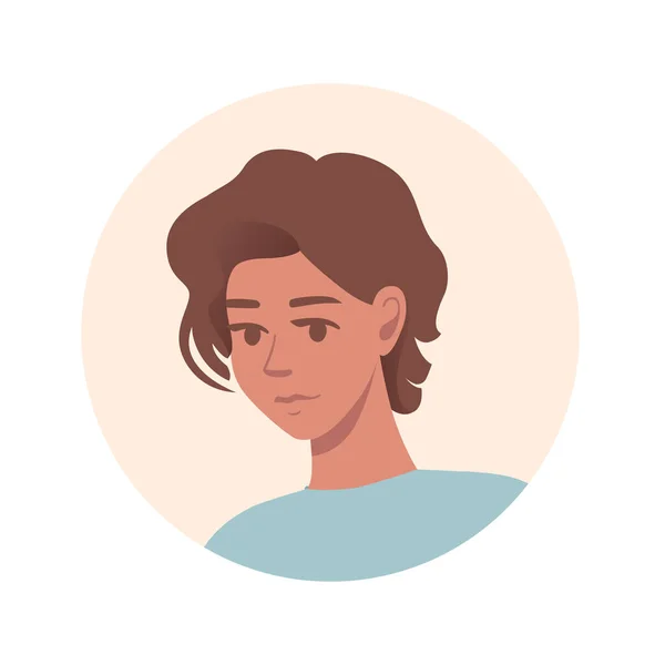 Επίπεδη εικόνα avatar πορτρέτο για κοινωνικές πλατφόρμες με νεαρή γυναίκα σε μπεζ κύκλο διανυσματική απεικόνιση σε λευκό φόντο — Διανυσματικό Αρχείο
