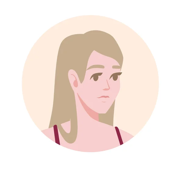 Επίπεδη εικόνα avatar πορτρέτο για κοινωνικές πλατφόρμες με νεαρή γυναίκα σε μπεζ κύκλο διανυσματική απεικόνιση σε λευκό φόντο — Διανυσματικό Αρχείο