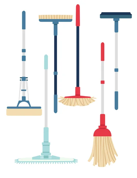 Σύνολο καθαρισμού σύγχρονο πλαστικό σφουγγαρίστρες οικιακές πρέπει να έχουν εργαλεία επίπεδη διανυσματική απεικόνιση απομονώνονται σε λευκό φόντο — Διανυσματικό Αρχείο
