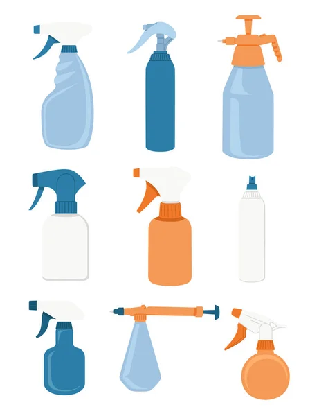 Set botol plastik semprotan berwarna-warni dan berbagai bentuk semprotan untuk air atau cairan kimia vektor datar antiseptik ilustrasi terisolasi pada latar belakang putih - Stok Vektor