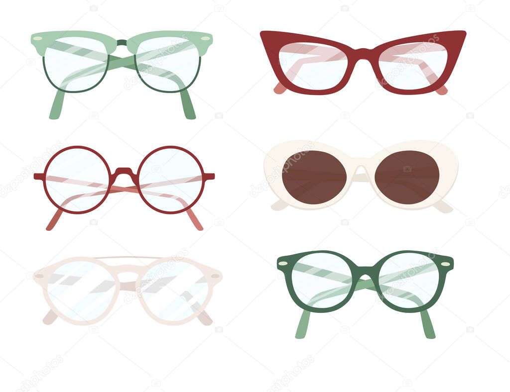 Set of different modern eye glasses flat vector illustration isolated on white background.