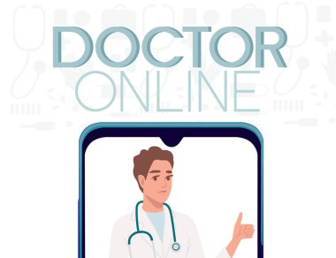 Modern konsept online tıp akıllı telefon uygulaması doktor çevrimiçi tıbbi yardım düz vektör çizim karakter tasarımı.