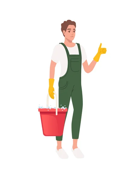 Professionelle Reinigungskraft Mann Trägt Grüne Uniform Verwendung Gelber Gummihandschuhe Und — Stockvektor