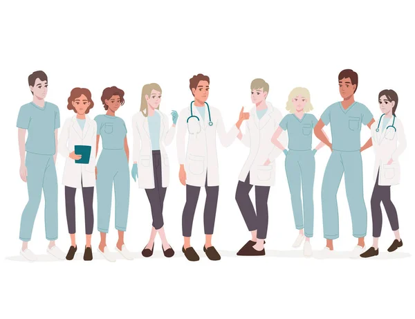 Characters Cute Cartoon Doctors Nurses Male Female Medicine Workers Flat — Stock Vector