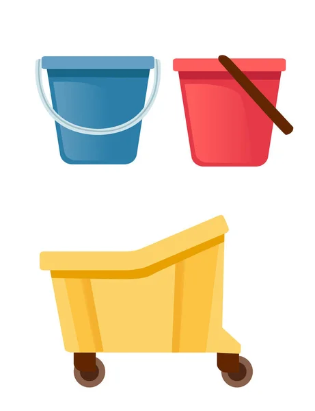 Set Plastic Buckets Cleaning Housework Equipment Flat Vector Illustration Isolated — Stock Vector